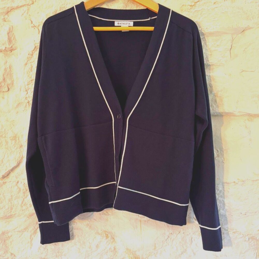 Athleta Lightweight Cardigan L Navy White Piping Lyocell Wool Blend Nautical